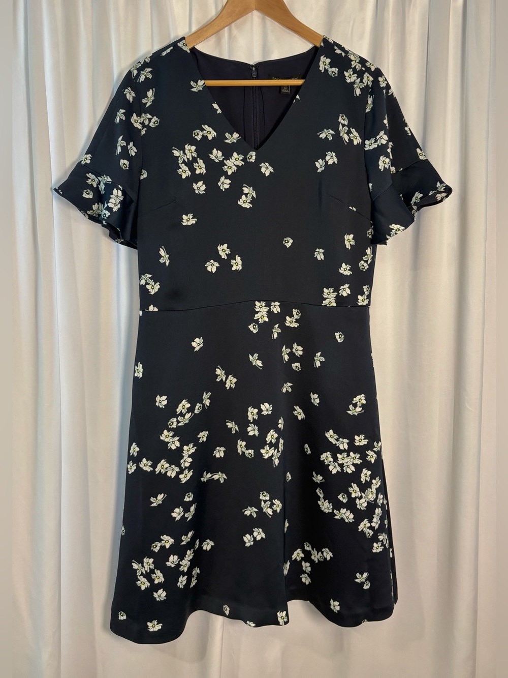 Banana Republic Floral Flutter Sleeve Fit & Flare Dress Navy Blue 12 Tall 12T